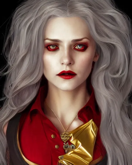 Image similar to female queen vampire, perfect face, gold waistcoat, red shirt, long grey hair, red necktie, cinematic, stunning, highly detailed, digital painting, artstation, smooth, hard focus, illustration, art by artgerm and greg rutkowski and alphonse mucha