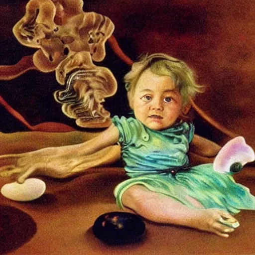 Prompt: A 2 year old girl playing with small abalone shells, blond hair. Painting by Salvador Dali