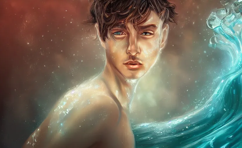 Image similar to Young and beautiful Poseidon emerging from water with blue magic, lumine, light particles, digital painting, realistic,4k, trending in Art Station