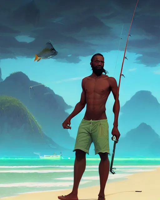 Image similar to a 3 0 - year old athletic and beautiful male jamaican, fisherman, modern clothing, magical fishing rod weapon, ocean background, unreal engine, fantasy art by greg rutkowski, loish, rhads, makoto shinkai and lois van baarle, ilya kuvshinov, rossdraws, tom bagshaw, global illumination, radiant light, detailed and intricate environment