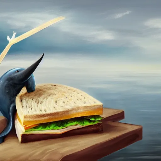 Image similar to a painting of a narwhal with a sandwich impaled on it's horn, trending on artstation, 8 k, unreal engine