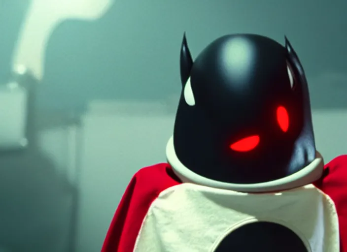 Image similar to film still of nibbler, a small black alien with a single antennae on his head, large eyes and 2 fangs wearing a diaper and red cape in the new scifi movie, 4 k