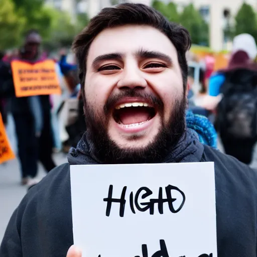 Image similar to photograph of smiling man holding a protest sign saying'2 + 2 = 3 lol 😂 ', high detail, 8 k resolution