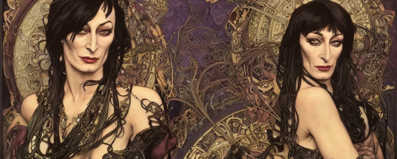 Image similar to stunning exotic art nouveau portrait of anjelica huston as an industrial dieselpunk queen of the night by glenn fabry, simon bisley and alphonse mucha, photorealism, extremely hyperdetailed, perfect symmetrical facial features, perfect anatomy, ornate declotage, spikes, latex, confident expression, wry smile, sinister eyes