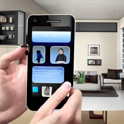 Image similar to inside of a smart home with human holding an iphone realistic detailed photo