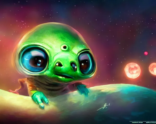 Image similar to 3D Fantasy Cute and adorable small alien piggy in space, huge adorable eyes, bright stars, Smooth 3D Illustration, soft render, Servando Lupini, Daniil Kudriavtsev, handpaint texture, Blender, 3DCoat