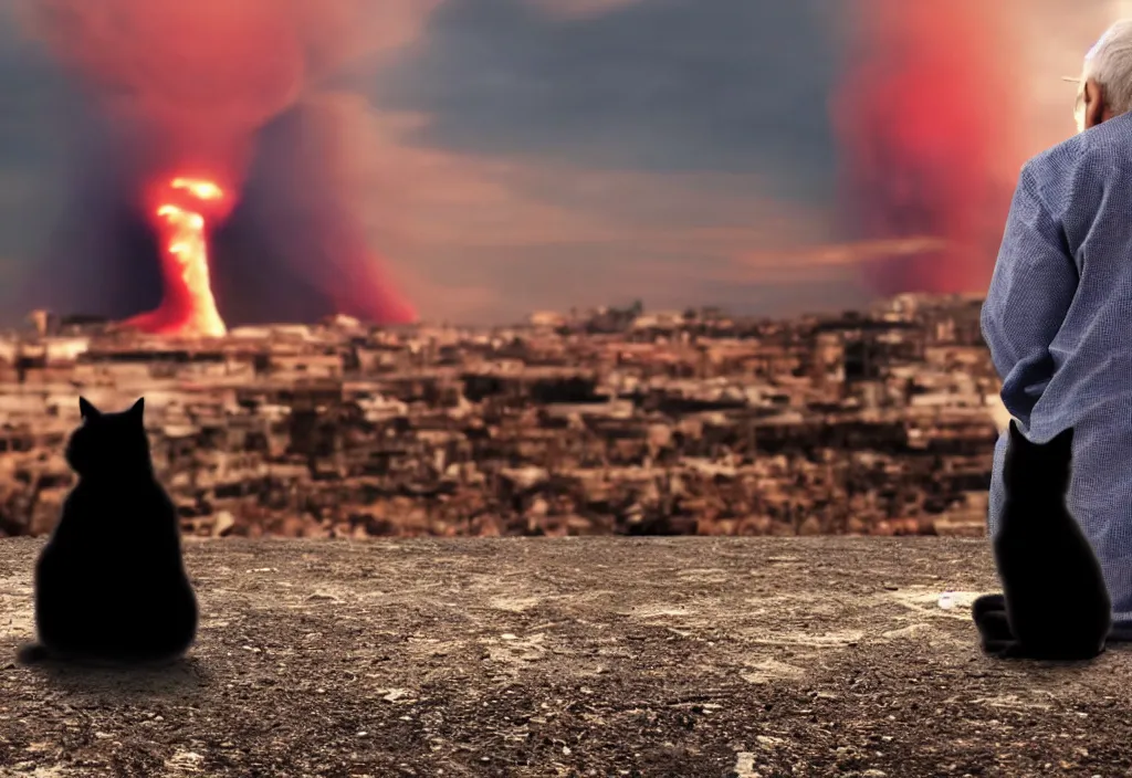 Image similar to old man sitting with black cat watching nuke explosion close up shot from behind, cinematic movie close up shot from behind, background blur bokeh, world ending nuke, 4 k