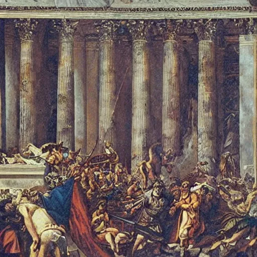 Prompt: “ the sacking of rome by the vandals, painted, intricate, detailed ”