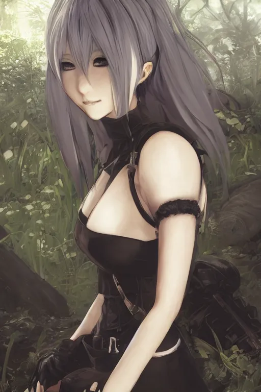 Image similar to beautiful portrait of 2B from nier automata, forest, junkyard, pretty, semi realistic anime, hyper detailed, 8k, DeviantArt, Instagram, Behance, Artstation, trending on artstation, Pixiv, Pixiv daily ranking, art of silverfox, Yee Chong Silverfox, Sydney Hanson, Mickael Lelièvre, Jaeyeon Nam, derevschikova, Elina Karimova, Artgerm Lau, WLOP, Rossdraws, Hyung Tae Kim