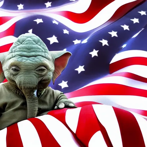 Image similar to elephant yoda as potus american flag in 3 d, art designers magazine photo unreal 8 k resolution