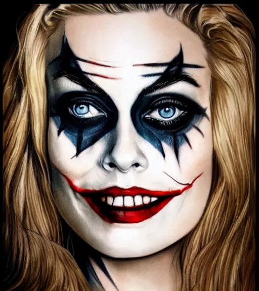 Image similar to tattoo design sketch of beautiful margot robbie portrait with joker makeup, in the style of den yakovlev, realistic face, black and white, realism tattoo, hyper realistic, highly detailed