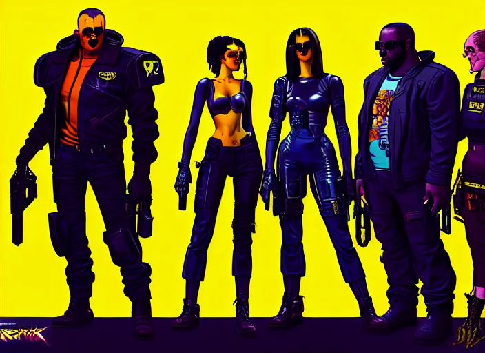 Image similar to cyberpunk gang enforcers. portrait by stonehouse and mœbius and will eisner and gil elvgren and pixar. character design. realistic proportions. cyberpunk 2 0 7 7 character art, blade runner 2 0 4 9 concept art. cel shading. attractive face. thick lines. the team. diverse characters. artstationhq.
