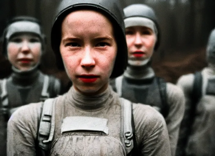 Prompt: cinestill 5 0 d photographic portrait by helen levitt of a group of cute android women wearing rugged black mesh techwear in a foggy cement grove, extreme closeup, modern cyberpunk, dust storm, 8 k, hd, high resolution, 3 5 mm, f / 3 2, ultra realistic faces, intricate detail, ex machina