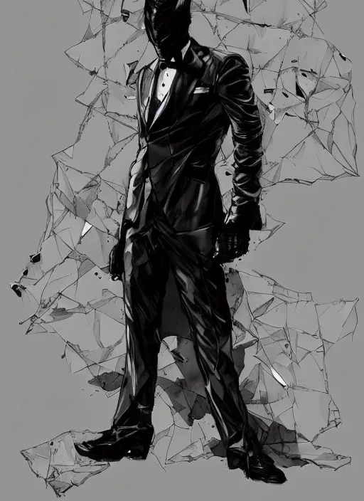 Image similar to Full body portrait of a god of intellect, a man in a tuxedo wearing a shattered mirror mask. In style of Yoji Shinkawa and Hyung-tae Kim, trending on ArtStation, dark fantasy, great composition, concept art, highly detailed, dynamic pose.