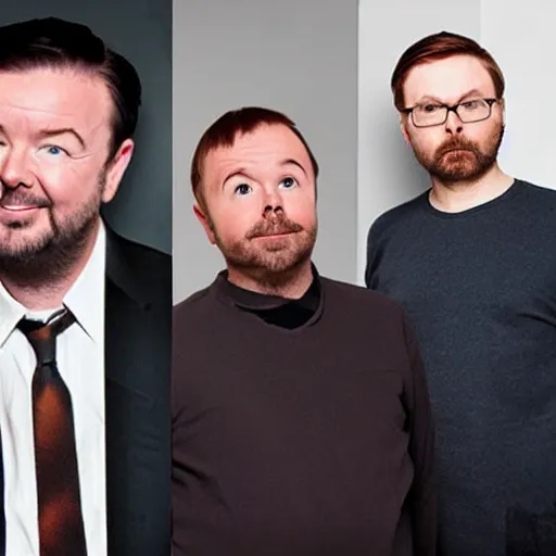 Image similar to thin Ricky Gervais, fat Stephen Merchant and short Karl Pilkington