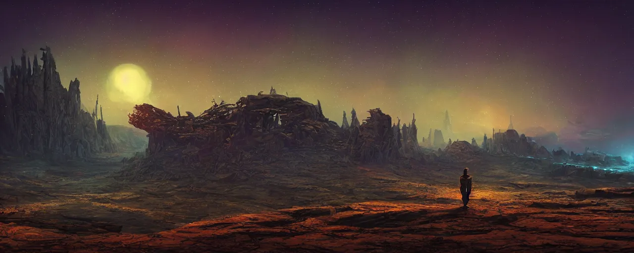 Prompt: ” otherwordly barren landscape at night, [ cinematic, detailed, epic, widescreen, opening, establishing, mattepainting, photorealistic, realistic textures, octane render, art by slop and paul lehr ] ”