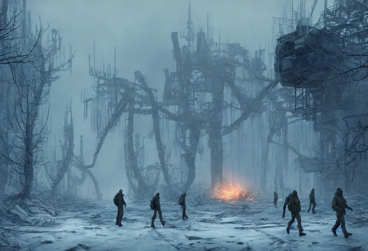 Image similar to chernobyl liquidators walking in postapocalyptic winter alien planet surface, 4 k, high quality, sharp focus, ultra high definition, ultra detailed, symmetry, fog, matte painting, by greg rutkowski and ross tran and wlop