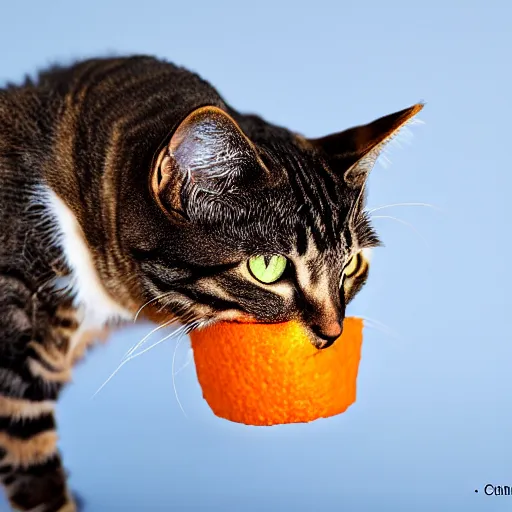 Image similar to photorealistic photograph of a cat wearing an orange peel as a hat by suzi eszterhas, fruit helmet, photorealism, photorealistic, realism, real, highly detailed, ultra detailed, detailed, f / 2. 8 l canon ef is lens, canon eos - 1 d mark ii, wildlife photographer of the year, pulitzer prize for photography, 8 k