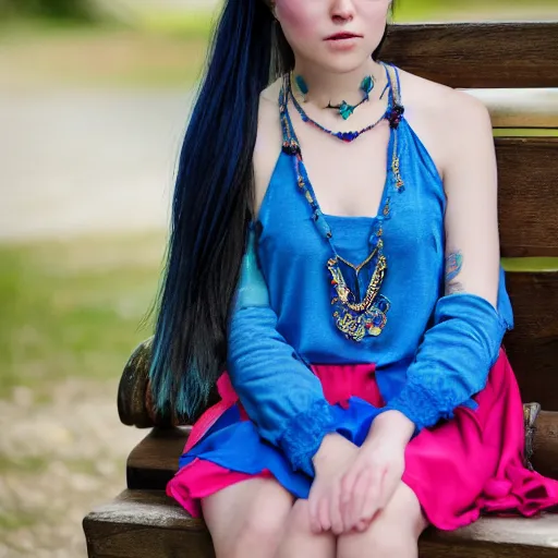 Image similar to dslr photo of a pretty young woman, full bodied portrait, with blue hair, sitting on a bench wearing a flower skirt, and body and wearing hemp sandals and a very detailed ruby necklace around neck, artgerm, artstation, very high quality face, intricate details, extremely high quality, moody lighting, real camera, real photo, 8 k, full subject in shot