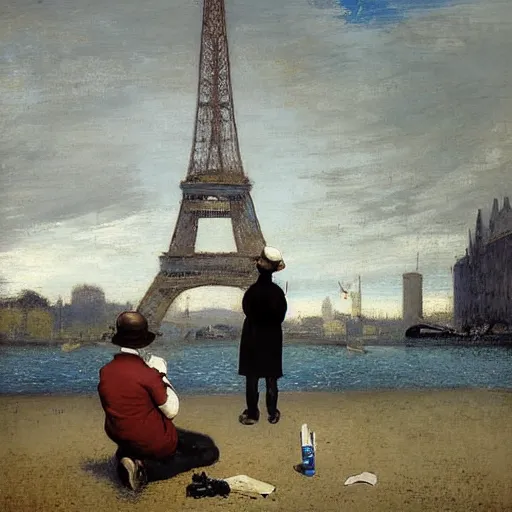 Prompt: artist Ewan McGregor is painting a painting by the Seine river bank. We can see his back. He is a gentleman and wears a bowler hat, He is an artist, on background there is Eiffel tower, by d'Édouard Cortès, by Gustave Courbet, by Jean-François Millet, by Honoré Daumier, by Jean-Baptiste-Camille Corot, by ADOLPH VON MENZEL, by THOMAS COWPERTHWAIT EAKINS, by ILYA REPIN, by JEAN-FRANÇOIS MILLET, by ANDREW NEWELL WYETH, by ROSA BONHEUR, by EDWARD HOPPER