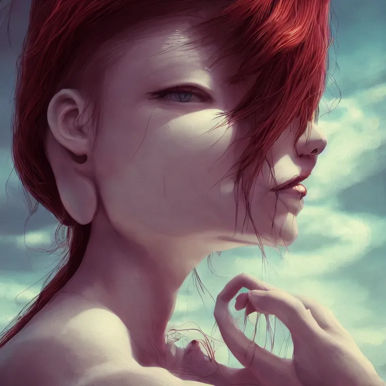 Image similar to a beautiful Cotton Mill Girl, symmetrical, perfect body and face, anatomically correct, centered, dramatic angle, ornate, details, smooth, sharp focus, illustration, realistic, cinematic, artstation, award winning, rgb , unreal engine, octane render, cinematic light, macro, depth of field, blur, red light and clouds from the back, highly detailed epic cinematic concept art CG render made in Maya, Blender and Photoshop, octane render, excellent composition, dynamic dramatic cinematic lighting, aesthetic, very inspirational, arthouse by Henri Cartier Bresson