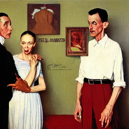 Image similar to a thin man is horrified by an oil painting of his wife, painted by norman rockwell and tom lovell and frank schoonover