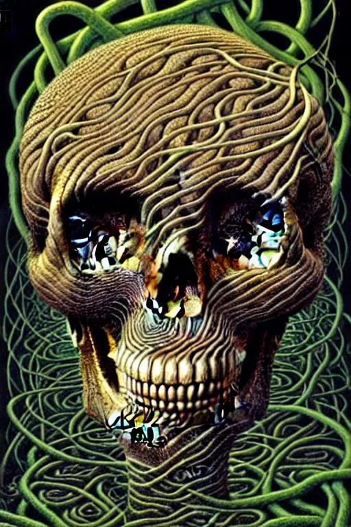 Image similar to Floating skull shaped island made of vines and earthart by visionary artist peter gric in hyperdetailed surreal fantastic style. Floating skull by hannah yata in visionary-psychedelic style earthart skull generative artwork by midjourney. Spiritual shamanic artifact skull decorated with gems and gold by billelis polished ominous photorealistic mysterious intricate hyperdetailed galactic expansive ethereal elemental detailed complex Earthart skull collage generated in discodiffusion or dall-e2 trending on Artstation hyperdetailed 8k resolution concept art 64 megapixels 8K resolution depth of field DSLR subtractive lighting tilt-shift wide-angle lens Skull made of smaller skulls made of smaller skulls surrealist fractal art gigapixel resolution 8K 3D | CGSociety | volumetric light | lightrays | smoke | cinematic | atmospheric | octane render | insanely detailed and intricate | hypermaximalist | elegant | ornate | luxury | elite | Floating skull hyperdetailed insanely complex artwork by psikodelicious art & design | gigapixel render | visions of chaos | midjourney | discodiffusion | complex hyperdetailed fantastic realism artwork made with dall-e2