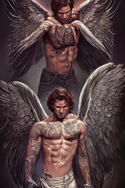 Image similar to handsome! Sam Winchester as a muscular angel wings wide open whole body tattooed with runes and religious symbols, urban fantasy romance book cover, D&D!, fantasy style, sharp focus!, ultra detailed, art by Artgerm and Peter Andrew Jones, WLUP