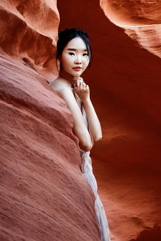 Prompt: close-up portrait of Lee Ji-Eun, captivating, rule of thirds, majestic, set on a flowy Antelope Canyon created by James Jean, mutiversal tsunami, award winning photo, seductive, captivating, close-up, hot, unreal engine