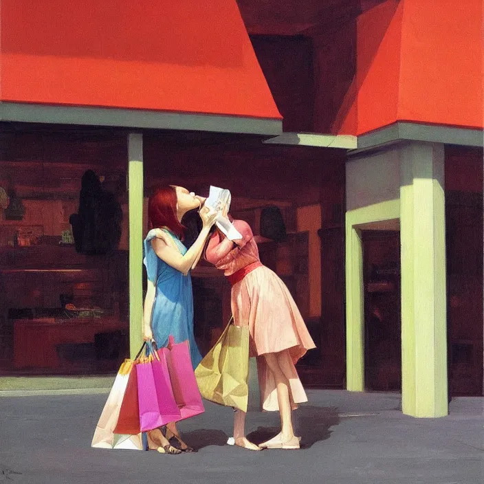 Image similar to colorful women kissing with a paper bag over the head, dressed in plastic bags, inside shopping center, highly detailed, artstation, art by , edward hopper, zdislav beksinski, wayne barlowe