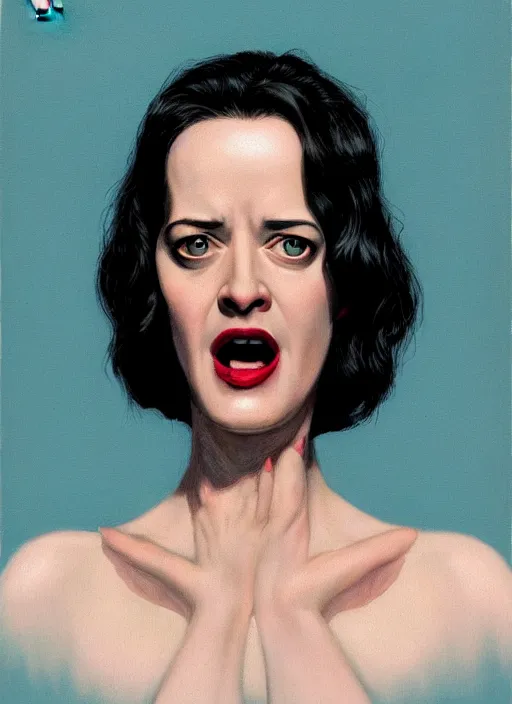 Prompt: twin peaks movie poster art, portrait of a screaming eva green, from scene from twin peaks, clean, simple illustration, nostalgic, domestic, highly detailed, digital painting, artstation, concept art, smooth, sharp focus, illustration, artgerm, donato giancola, joseph christian leyendecker, wlop