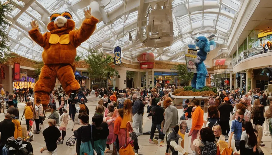 Image similar to 1990s candid photo of a beautiful day at the mall, cinematic lighting, cinematic look, golden hour, large nature costumed mascot people giving presentations to families, Enormous personified nature people with outstandingly happy faces coming out of a portal and talking to families, UHD