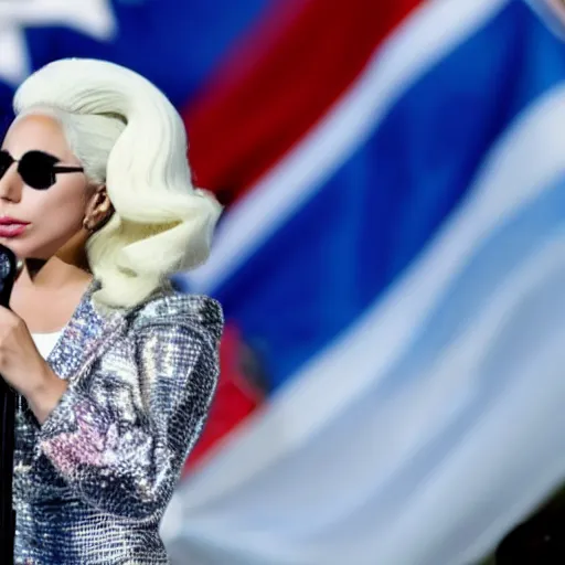 Image similar to Lady Gaga as president, Argentina presidential rally, Argentine flags behind, bokeh, giving a speech, detailed face, Argentina