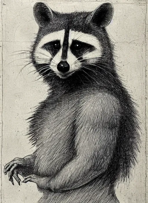 Image similar to self portrait of a racoon in the style of Leonardo Da Vinci, very detailed, drawing