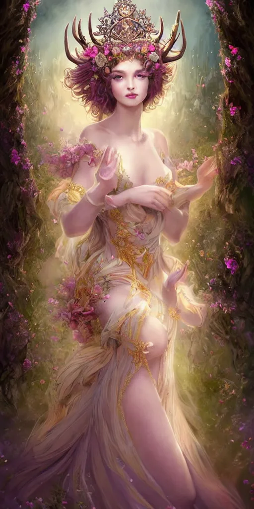 Image similar to A beautiful fantasy empress, highly detailed full body, just one head, flower tiara, long hair, wearing dramatic aristocrat robe, delicate figure, field of fantasy flowers, foxes and deer, epic composition, ultra wide-shot, dynamic pose, concept art, dramatic lighting, digital painting, smooth, character design, ((sharp focus)), elegant, intricate, trending on artstation, by WLOP and James Jean and Victo Ngai