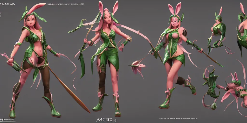 Prompt: character sheet of battle bunny akali (League of Legends). 3d render, octane render, iRay, ray tracing, realistic, highly detailed, trending on artstation, 4k, cgsociety, unreal engine 5, redshift render, blender cycles, behance, cg