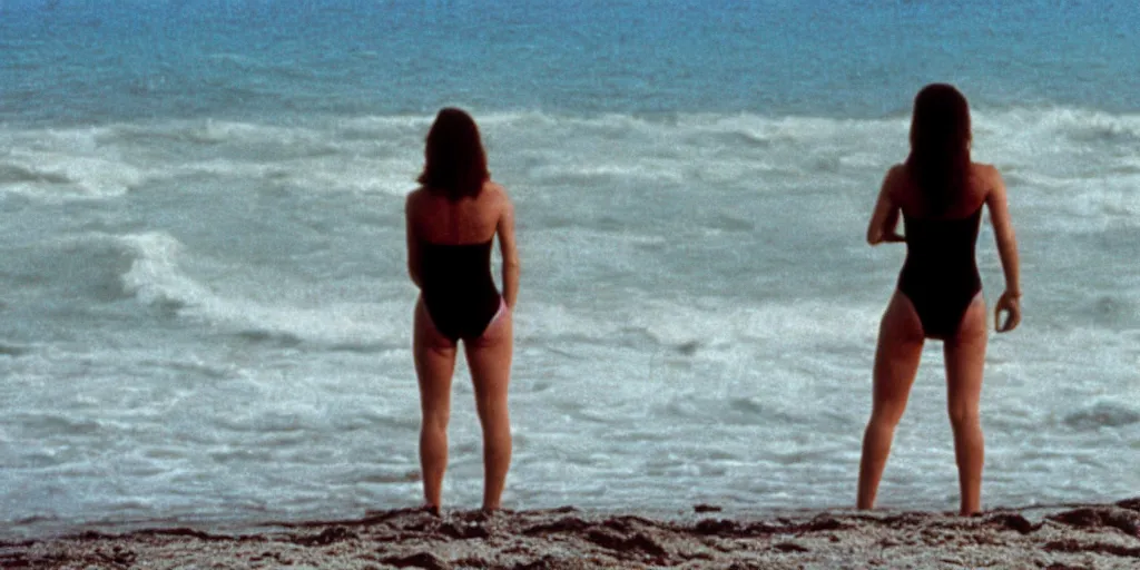 Prompt: color film still, view from behind, a woman in black bikini standing on the beach ; alien 2 ( 1 9 8 6 )