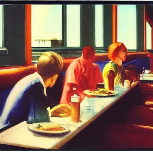 Image similar to a polaroid photo of people at a diner, Edward Hopper composition, detailed, hq, lens flare, realistic