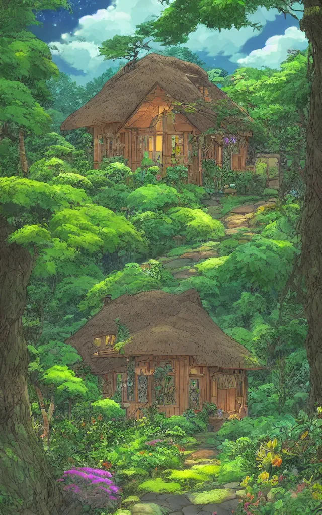 Image similar to Stunning cottage, solar, lush, forest, beautiful, by Studio Ghibli and Michael Kincade, artstation