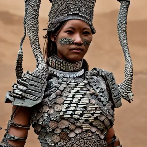 Image similar to a warrior woman, wearing intricate armor made of pottery pieces. photorealistic, intricate and detailed.