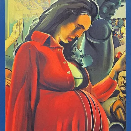 Image similar to a detailed and complex, highly detailed, concept art, soviet propaganda poster depicting a pregnant woman. painting by irakli toidze,