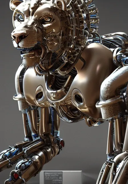 Image similar to complex 3 d render hyper detail portrait of a mechanical lion human cyborg, sci fi, full body, intricate, art by kazuhiko nakamura and hajime sorayama, 8 k octane detailed render, post - processing, extremely hyperdetailed, intricate futuristic mechanic parts, maya, dark background, sharp focus, blender, cinematic lighting + masterpiece, trending on artstation