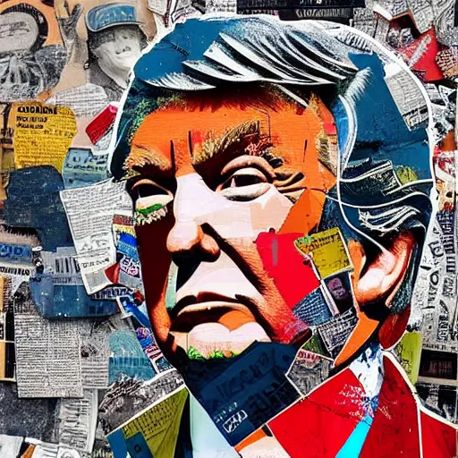 Image similar to a portrait of donald trump constructed from trash, collage, 🗑, trash, drop shadow,, layered composition, layers, texture, mcu, highly textured, layered, sculpted, dynamic,