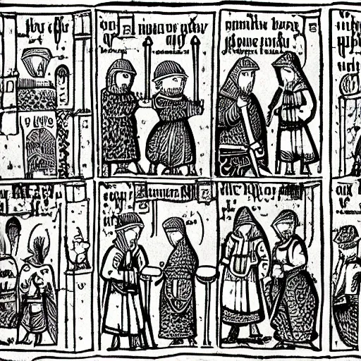 Prompt: a comic strip from medieval age, focused, detailed, sharp edges, by artgem