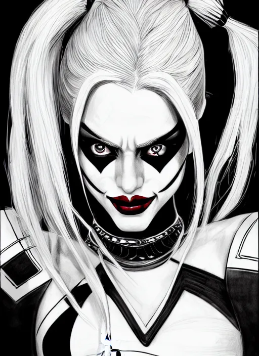 Image similar to concpet art, full shot, traditional ink, sketch, of harley quinn, line sketch, intricate, elegant, highly detailed, monochrome, digital painting, artstation, concept art, sharp focus, illustration, art by borderlands 3 and peter polach