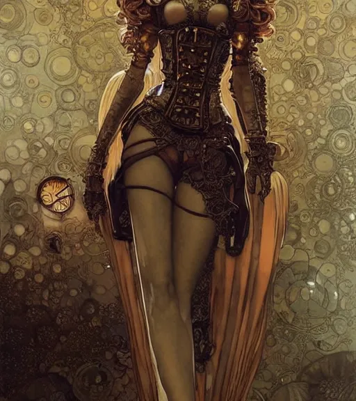 Image similar to woman model, intricate steampunk, clothes in a bedroom!!!!!!!!!!!!!!!!!!!!, vaporwave, intricate clothes, elegant, highly detailed, digital painting, artstation, concept art, smooth, sharp focus, illustration, art by krenz cushart and artem demura and alphonse mucha