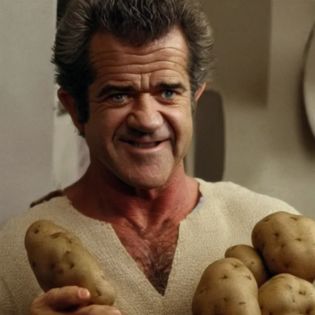 Image similar to mel gibson in a potato costume