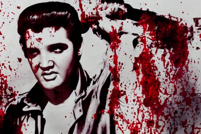 Image similar to film still with a full body shot of Elvis Presley turned into a horrific zombie, from the TV-series The Walking Dead (2010), promotional image, gory and very graphic