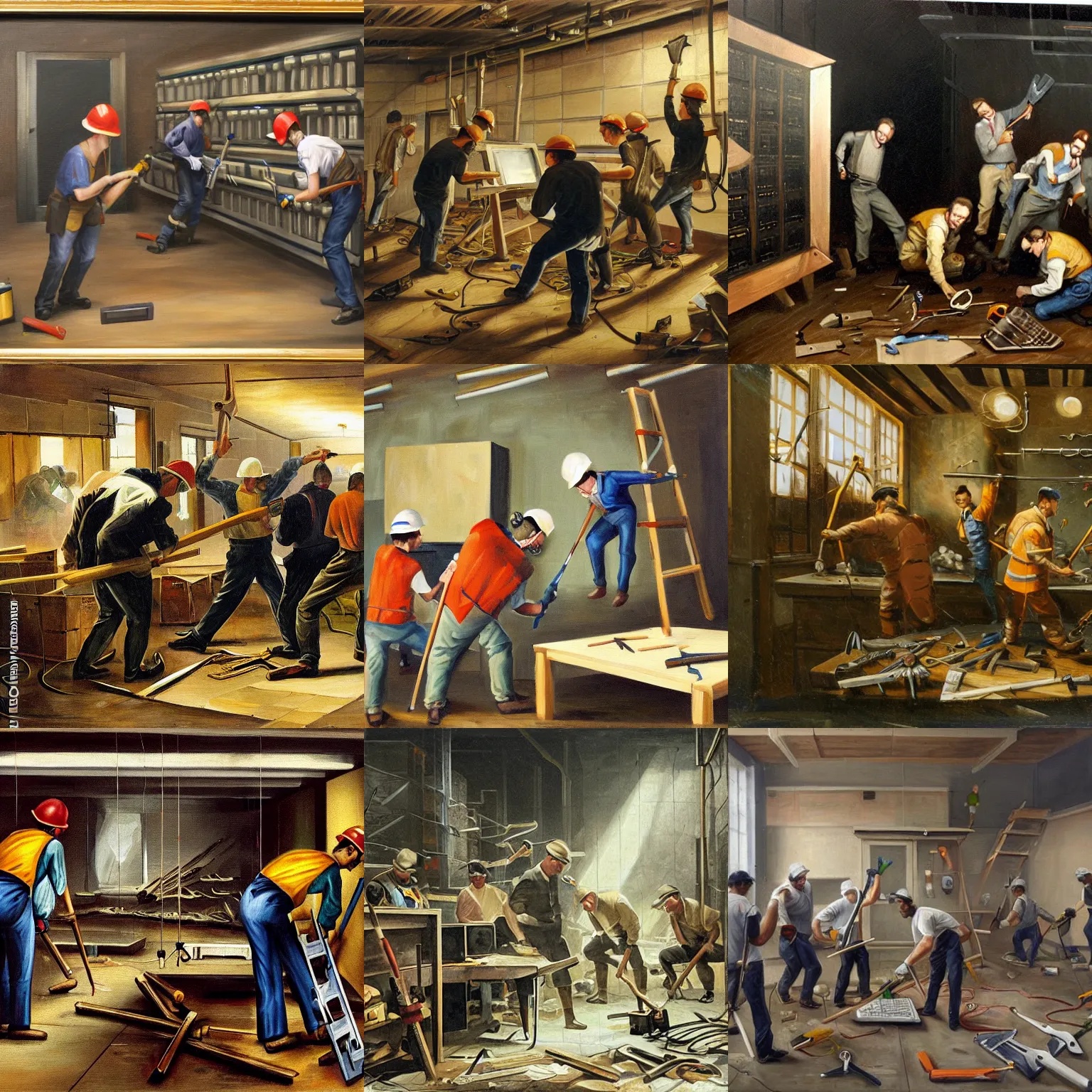 Prompt: oil painting of neo - luddites taking down the server room with tools