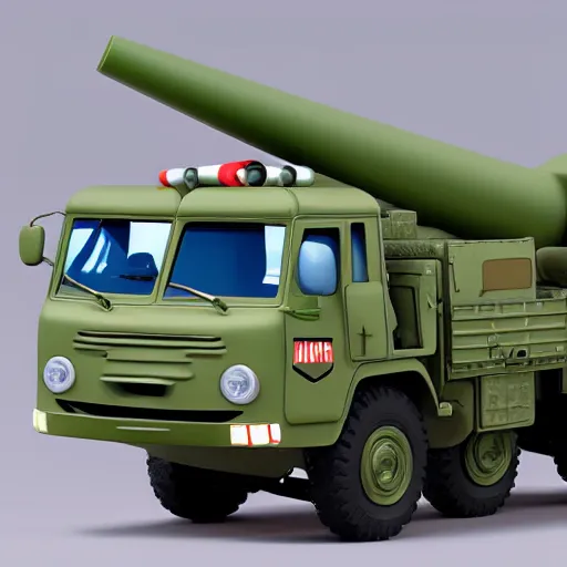 Image similar to HIMARS with missile, eyes and smile, Cars Pixar movie style, detailed, green